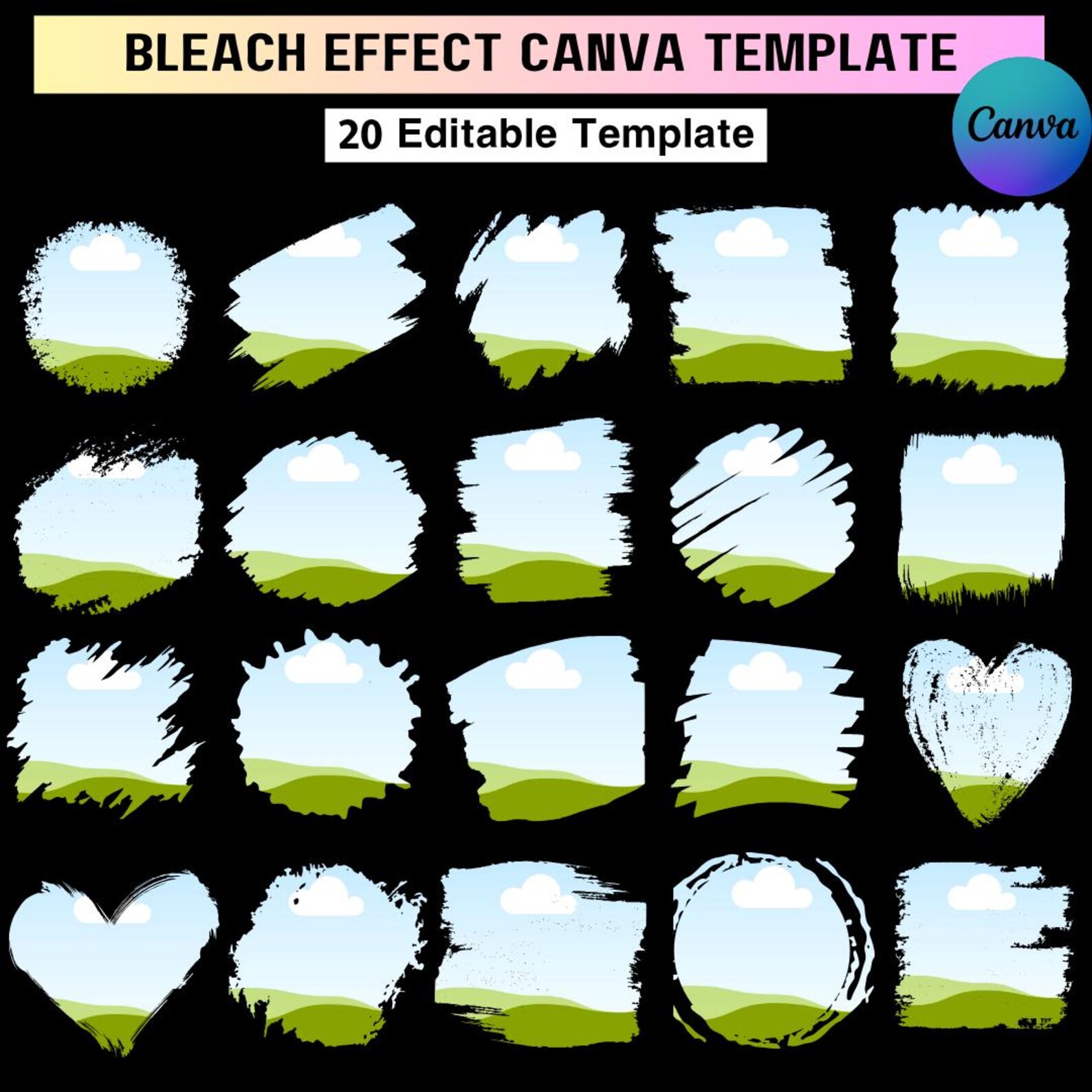 20 Grunge Distressed Edge Canva Frame Template, Bleach Effect Editable ...