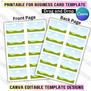 Puede incluir: Dos plantillas imprimibles de tarjetas de visita, etiquetadas como "Página frontal" y "Página trasera", presentan un diseño de paisaje con cielos azules, nubes blancas y colinas verdes. El diseño incluye el texto "Drag and Drop" y "Canva Editable Template Designs."