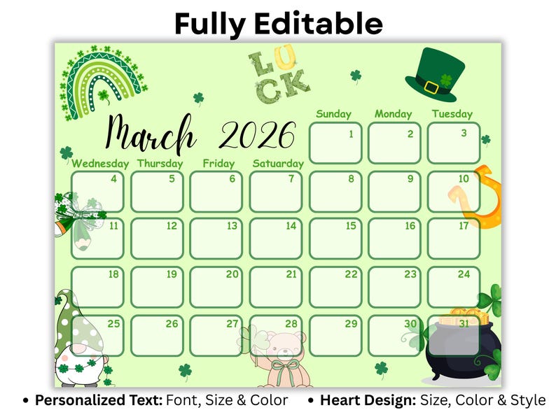 Editable March 2026 Calendar | Printable Rainbow Planner | St. Patrick ...