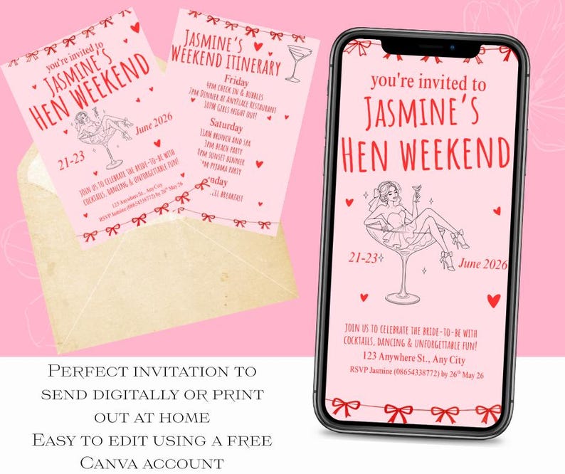 Pink Red Hen Weekend Invitation & Itinerary, Bachelorette Party — free download