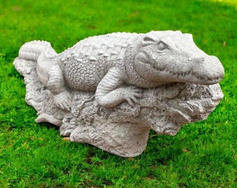 Alligator on limb, Cement sculpture, Animal figurine, Backyard statuary, Alligator figure, Tropical animal, Yard ornament, Concrete, size "6