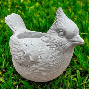 May include: A gray concrete bird-shaped planter, featuring detailed feather and eye textures. The bird has a prominent crest and a hollowed-out area for planting. The planter is set against a backdrop of green grass.