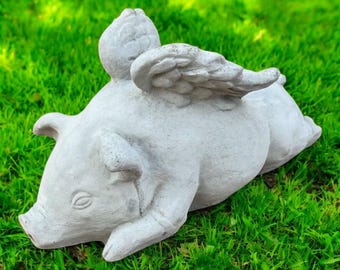 Stone pig, When pigs fly, Cement sculpture, Pig with wings, Detailed statuary, Farm animal, Lawn statue, Yard figure, Concrete, size "6