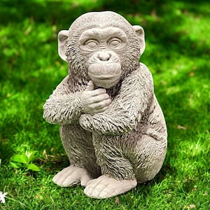 Chimpanzee statue, Sitting monkey, Outdoor sculpture, Stone chimpanzee, Animal lovers gift, Lawn decor, Garden statuary, Concrete, size &quot;13