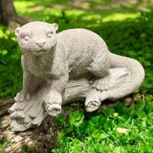 Otter on log, Yard sculpture, Otter figurine, Patio ornament, Garden figure, Cement animal, Lake otter, Outdoor statue, Concrete, size &quot;9