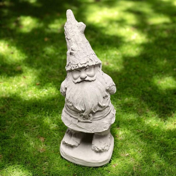 Standing gnome, Dwarf figure, Woodland troll, Yard decor, Garden sculpture, Thinking gnome, Fairy garden, Porch gnome, Concrete, size "14