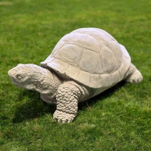 May include: A large, light gray concrete turtle statue with a detailed shell and textured skin. The sculpture is positioned on a bed of green grass, showcasing its realistic features and garden decor appeal.