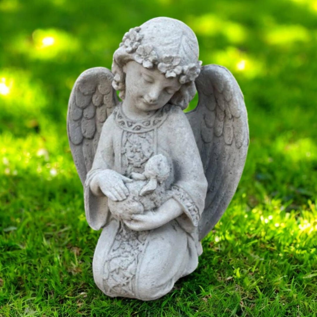 Angel Holding Rabbit Sitting Angel, Religious Statue, Girl Holding Rabbit, Garden Figurine ...