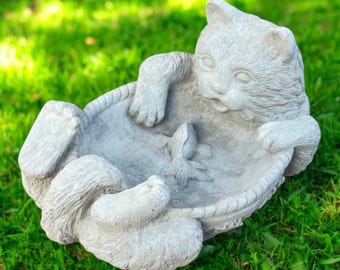 Cat bowl, Outdoor figure, Cement drinker, Pets lovers, Garden sculpture, Backyard bowl, Yard cat statue, Water drinker, Concrete, size "7