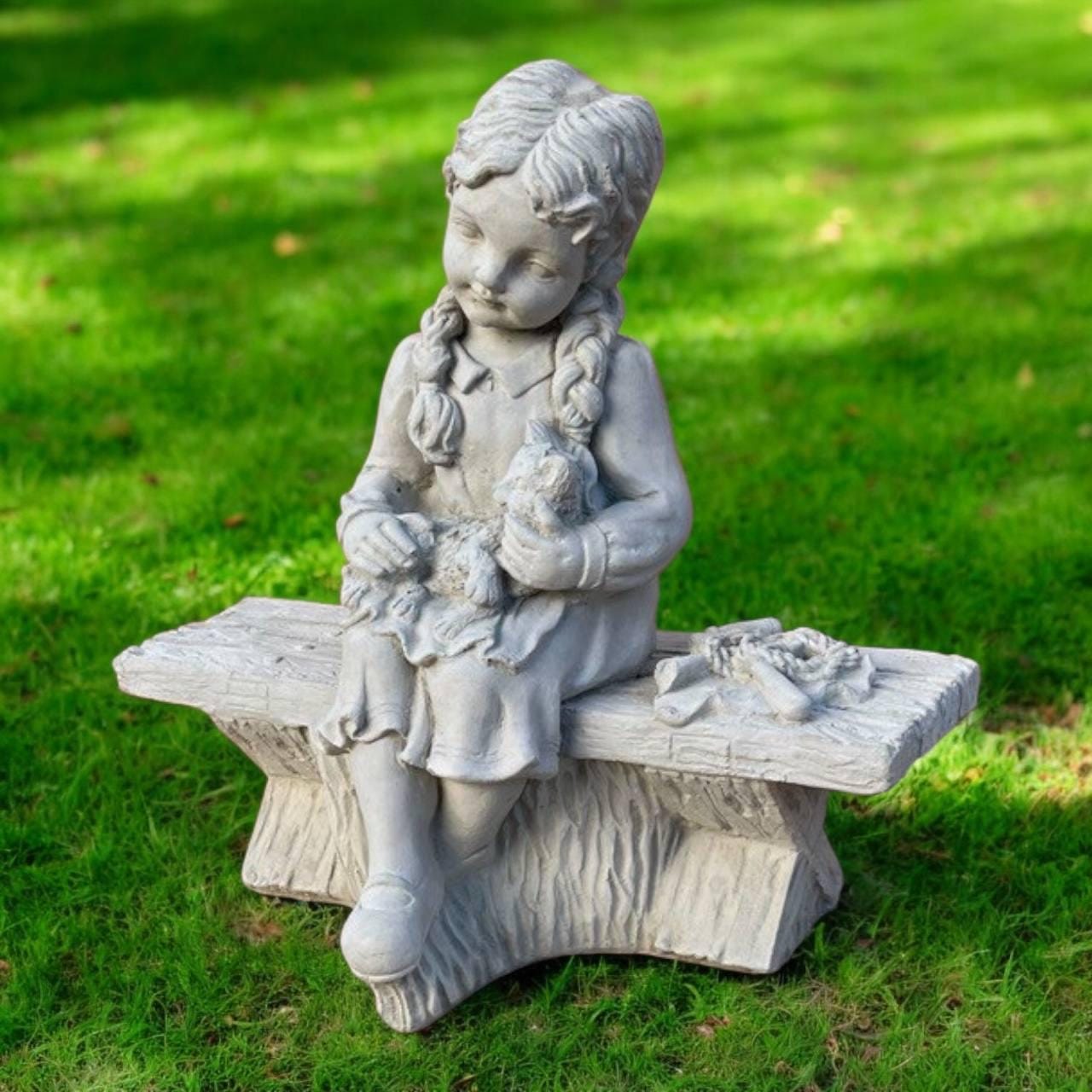 Girl with cat, Outdoor sculpture, Sitting kid, Garden statue, Girl on bench, Children memorial, Yard figure, Pet grave, Concrete, size "17