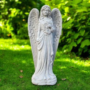 Angel figure, Garden statue, Cherub on base, Girl with flowers, Memorial sculpture, Backyard figure, Cement art, Concrete, size &quot;23