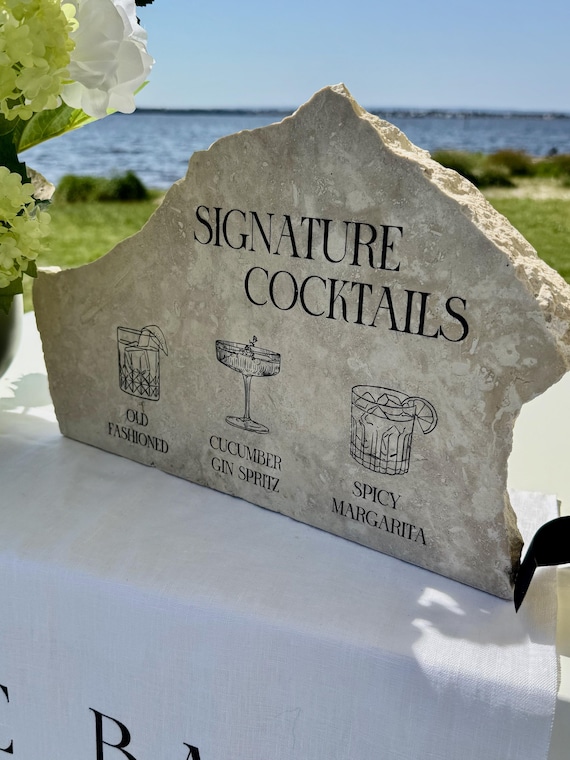 Printed Travertine Bar Sign | Signature Cocktails Stone Sign for Weddings, Engagements & Events