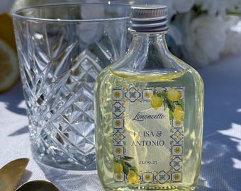 Personalised Wedding 50ml Glass Shot Bottles | Limoncello | Blue and White | Lemons | Shot Wall Favour | Printed Wedding Favours | Flask