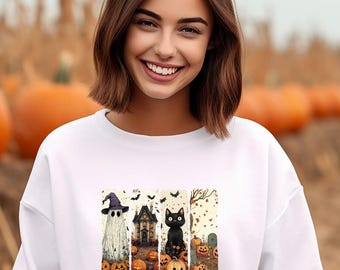 Halloween Cat Sweatshirt: Pumpkin Ghost Duck Tee