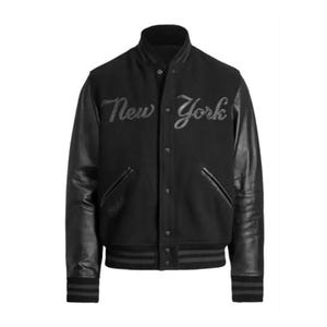 Black New York Varsity Jacket, Leather Sleeve Bomber Jacket, Men’s Letterman Jacket