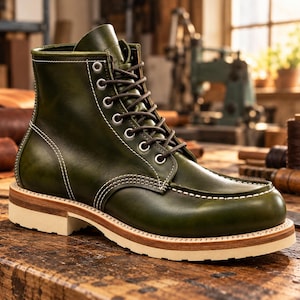Puede incluir: Una bota de cuero verde bosque con puntera estilo mocasín, costuras blancas en contraste y cordones marrón oscuro. La bota presenta ojales metálicos plateados y una suela de goma gruesa de color claro con tacón.