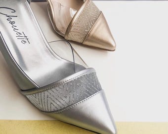 Silver Leather Wedding Shoes for Bride, Grey Closed Toe Heels Bridal Shoes, Unique Silver Lace Wedding Shoes, Elegant Stiletto, Bridal Heels