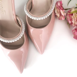 Blush Pink Pearl Patent Leather Wedding Heels, Pink Wedding Shoes, Pink Heels, Pearl Wedding Shoes, Wedding Heels Light Pink