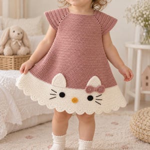 Pode incluir: Um vestido de crochê rosa seco com uma bainha festonada em tom creme. A parte inferior apresenta um motivo de rosto de gato com olhos pretos circulares, um pequeno nariz amarelo, bigodes bordados e um pequeno laço numa das orelhas.