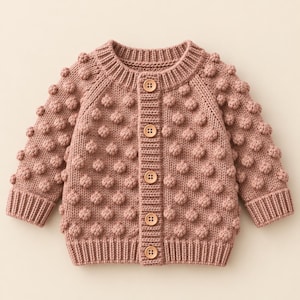 Könnte beinhalten: Eine altrosa Strickjacke mit einem strukturierten Noppenmuster auf der Vorderseite und den Ärmeln. Das Kleidungsstück hat einen Rundhalsausschnitt, lange Ärmel mit gerippten Bündchen, einen gerippten Saum und eine Knopfleiste mit fünf Knöpfen.
