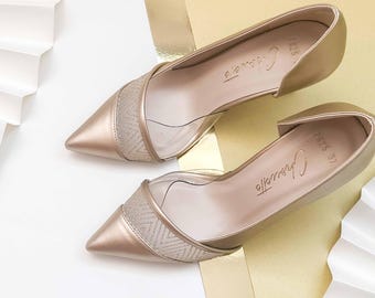 Gold Leather Wedding Shoes for Bride, Gold Closed Toe Heels Bridal Shoes, Unique Beige Lace Wedding Shoes, Elegant Stiletto, Bridal Heels