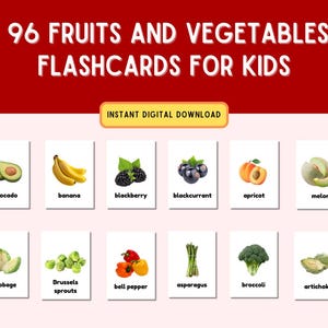 96 tarjetas didácticas de frutas y verduras, tarjetas educativas imprimibles para niños en edad preescolar y niños pequeños, educación en el hogar y en el aula, tarjetas de aprendizaje