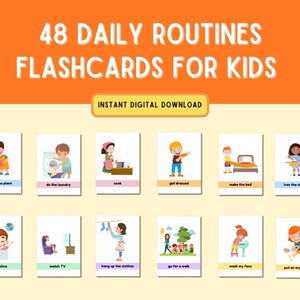 Puede incluir: Un conjunto de 48 tarjetas didácticas coloridas para niños con ilustraciones de rutinas diarias, como regar la planta, hacer la colada, cocinar, vestirse, hacer la cama, planchar la ropa, navegar por internet, ver la televisión, colgar la ropa, salir a pasear, lavarse la cara y ponerse los zapatos. El texto "48 DAILY ROUTINES FLASHCARDS FOR KIDS" está en la parte superior de la imagen.