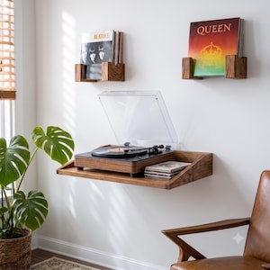 Étagère pour platine vinyle, support en noyer massif, rangement mural pour disques, étagère musicale artisanale, cadeau pour audiophiles