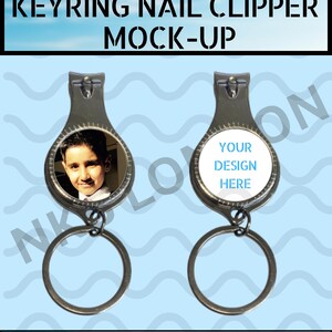 May include: Keyring nail clipper mock-up with a silver finish. The design area is circular, with one showing a photo and the other with the text "YOUR DESIGN HERE". The text "drag & drop your design here" is at the bottom.