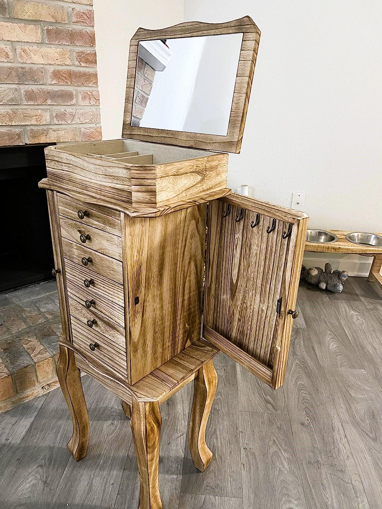 Wood Jewelry Box with Mirror: 4-Layer Farmhouse Organizer