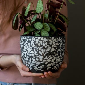 Terrazzo Plant Pot – Black & White Cement Planter – Handmade Concrete Flower Pot – Unique Indoor Decor – Gift for Plant Lover