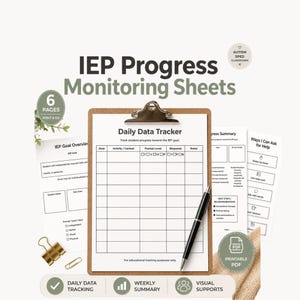 Hojas de seguimiento del progreso del IEP, recopilación de datos para solicitar ayuda, seguimiento de objetivos para autismo y educación especial, formularios imprimibles para maestros.