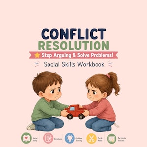 Könnte beinhalten: Ein Arbeitsbuch zur Konfliktlösung mit einer Illustration von zwei Kindern, die an einem roten Spielzeuglaster ziehen. Der Text lautet: CONFLICT RESOLUTION, Stop Arguing & Solve Problems!, Social Skills Workbook, Social Story, Worksheets, Problem Solving, Cut & Paste, Certificate Included.