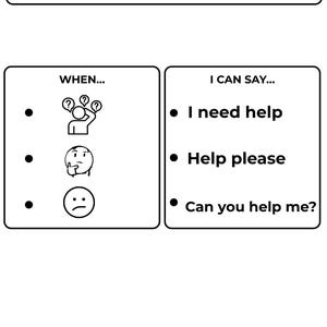 Pu&ograve; includere: Un ausilio visivo in bianco e nero chiamato "Behavior Script". La sezione superiore recita "Quando ho bisogno di aiuto". Il lato sinistro mostra segnali visivi e il lato destro elenca frasi come "Ho bisogno di aiuto".