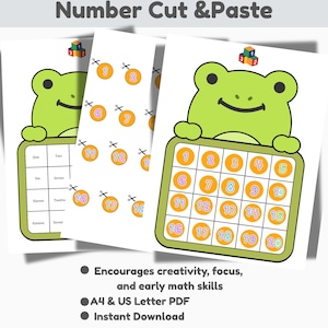 Cute Frog Number Activity PDF,Printable Cut and Paste Worksheet for Kids 3-6, Preschool Math, Number Recognition and Fine Motor Skills