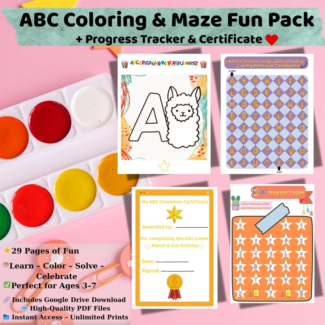 ABC Coloring,maze & Learning Tracker Bundle + Certificate,printable