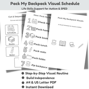 Peut inclure: Un emploi du temps visuel pour préparer un sac à dos, conçu pour les personnes atteintes d'autisme et ayant des besoins éducatifs particuliers. Les illustrations en noir et blanc guident les utilisateurs à travers les étapes. Le texte comprend "Pack My Backpack Visual Schedule".