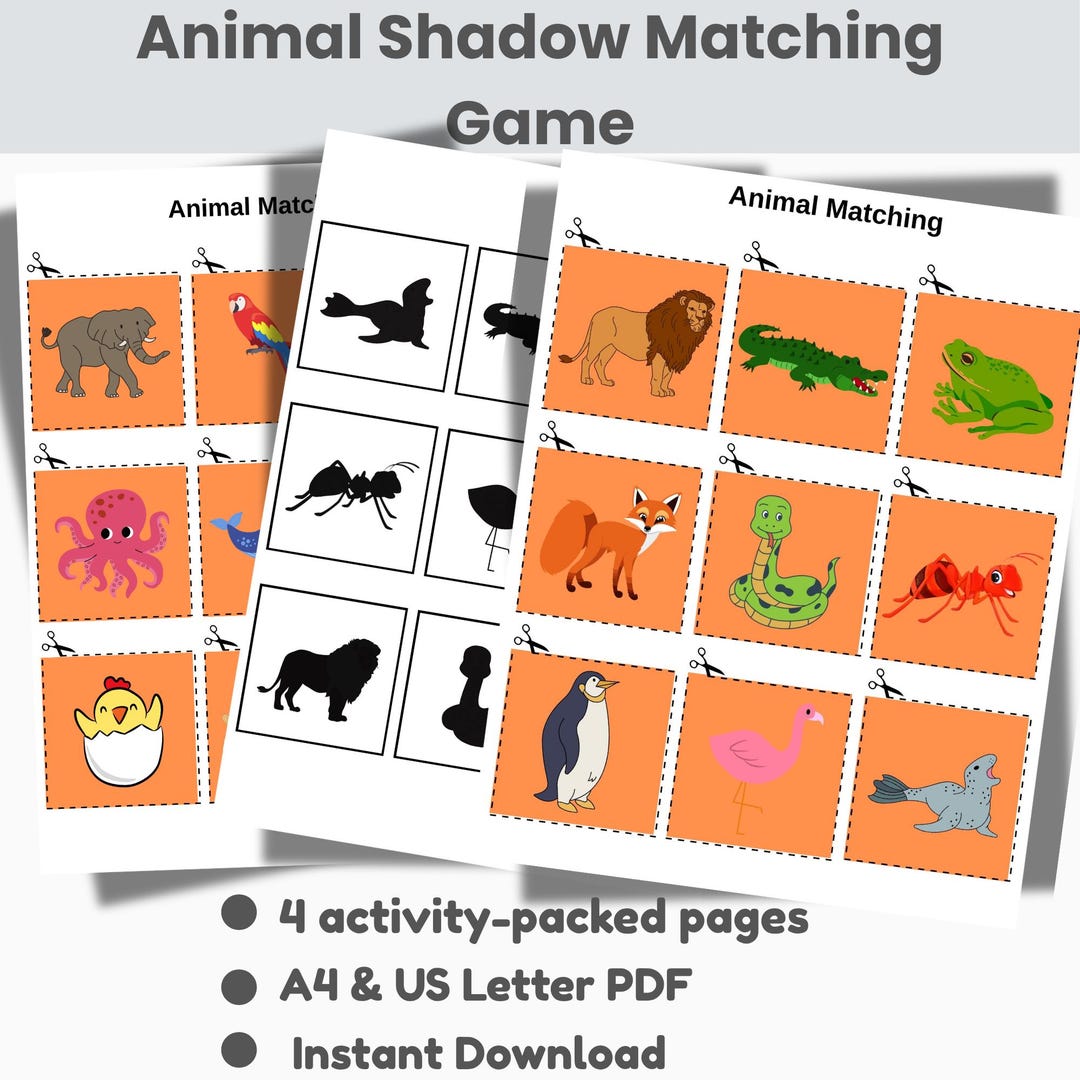 Animal Shadow Matching Game for Kids, Cut and Paste PDF Activity ...
