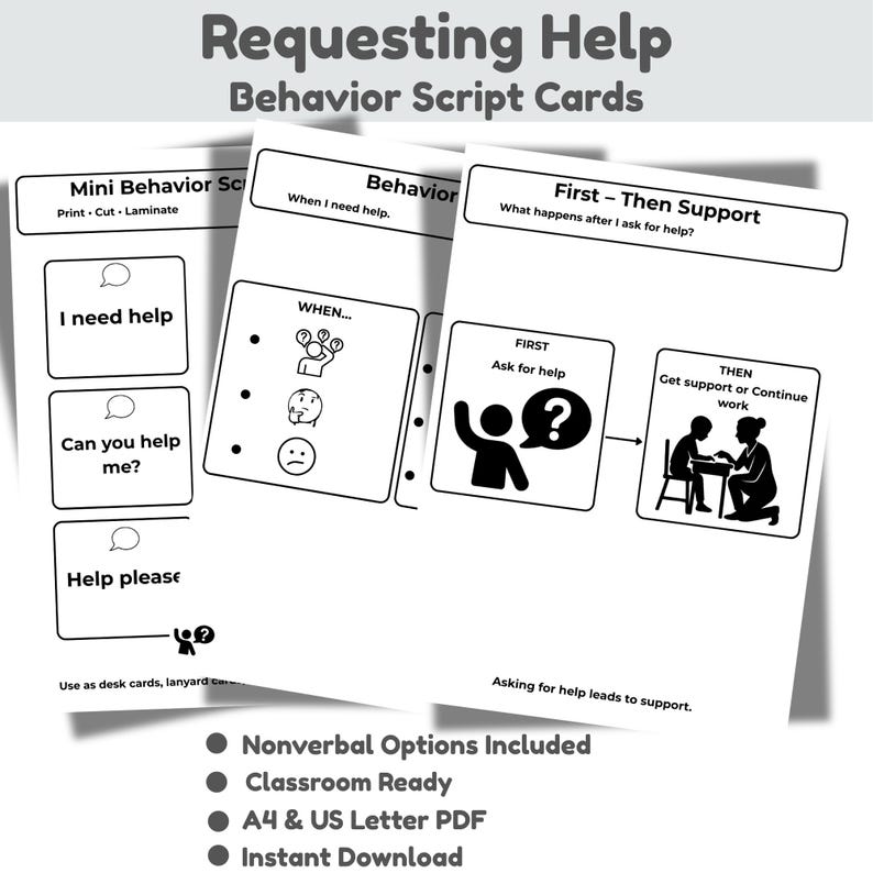 Pu&ograve; includere: Schede di script comportamentali in bianco e nero intitolate "Requesting Help". Le schede includono frasi come "Ho bisogno di aiuto" e "Puoi aiutarmi?" insieme a segnali visivi. Le schede sono progettate per l'uso in classe e sono disponibili per il download immediato.