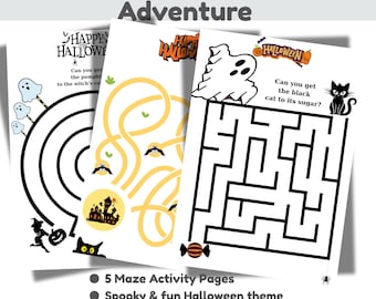 Labirinto de Halloween para imprimir para crianças, 5 jogos de labirinto assustadores em PDF, planilhas de atividades de Halloween A4 + carta dos EUA