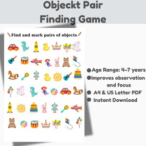 Actividad de búsqueda y marcación de objetos (PDF): Juego de observación para niños de 4 a 7 años, reconocimiento visual, concentración y ficha imprimible para aprendizaje temprano.