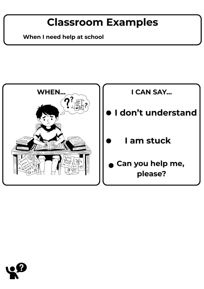 Pu&ograve; includere: Illustrazione in bianco e nero intitolata "Esempi in classe" con il testo "Quando ho bisogno di aiuto a scuola". L'immagine mostra uno studente a una scrivania con il testo "Non capisco", "Sono bloccato" e "Puoi aiutarmi, per favore?"