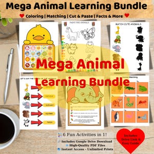 Mega Animal Activity Bundle,Cute Animal Worksheets,Coloring Pages,Matching Games,Preschool & Kindergarten Printable PDF,Digital Download