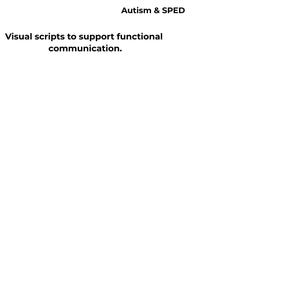 Pu&ograve; includere: Sfondo bianco con testo nero. Il testo recita "Requesting Help", "Behavior Script Cards", "Autism & SPED" e "Visual scripts to support functional communication."