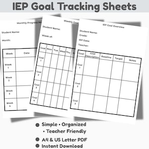 May include: Three white IEP goal tracking sheets with black grid lines and text. The sheets include sections for student names, goals, and weekly progress. The text at the top reads "IEP Goal Tracking Sheets". Additional text includes "Simple • Organized • Teacher Friendly".