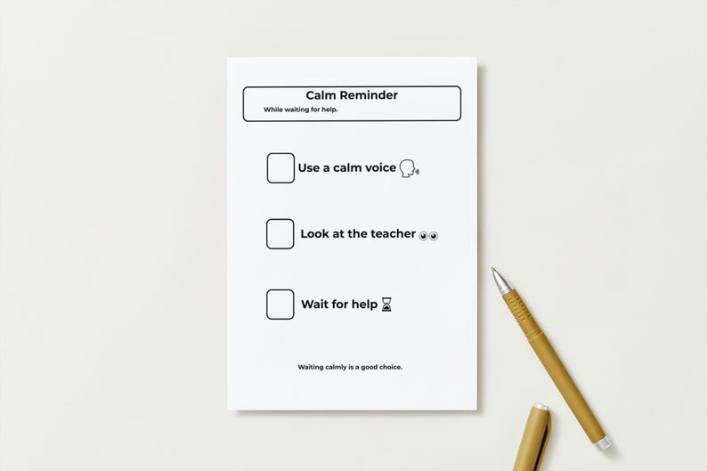 Pu&ograve; includere: Un foglio di carta bianco con il testo "Calm Reminder" e una lista di controllo con tre passaggi: "Usa una voce calma", "Guarda l'insegnante" e "Aspetta aiuto". Una penna dorata &egrave; sul lato destro del foglio.
