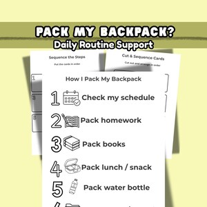 Peut inclure: Une feuille imprimée blanche intitulée "How I Pack My Backpack" avec des étapes numérotées et des illustrations. Les étapes comprennent la vérification d'un emploi du temps, l'emballage des devoirs, des livres, du déjeuner/collation et d'une bouteille d'eau. Le texte "PACK MY BACKPACK? Daily Routine Support" est en haut.