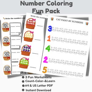 Number Coloring Fun Pack,Printable Cat and Fruit Counting Worksheets,Preschool Math PDF,Kids Number Practice Pages