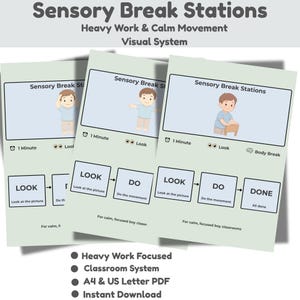 May include: Three visual aids for sensory break stations. Each card features a child demonstrating an action, with instructions to look, do, and complete the activity. The cards are designed for heavy work and calm movement in classrooms.