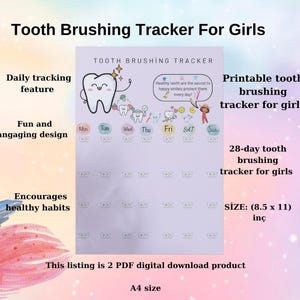 Rastreador de cepillado de dientes imprimible para niñas, Rastreador de desarrollo de hábitos de cepillado de dientes para niños, Tabla de cepillado de dientes